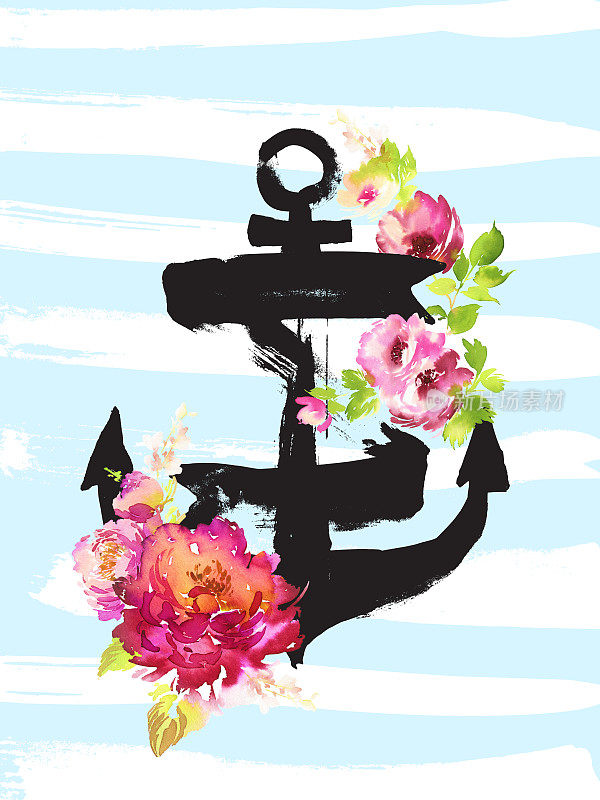 Anchor with watercolor roses on a striped white blue background for decoration of cards, print for T-shirt.